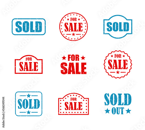Sale and sold tag icons set, old stamp style, simple design elements