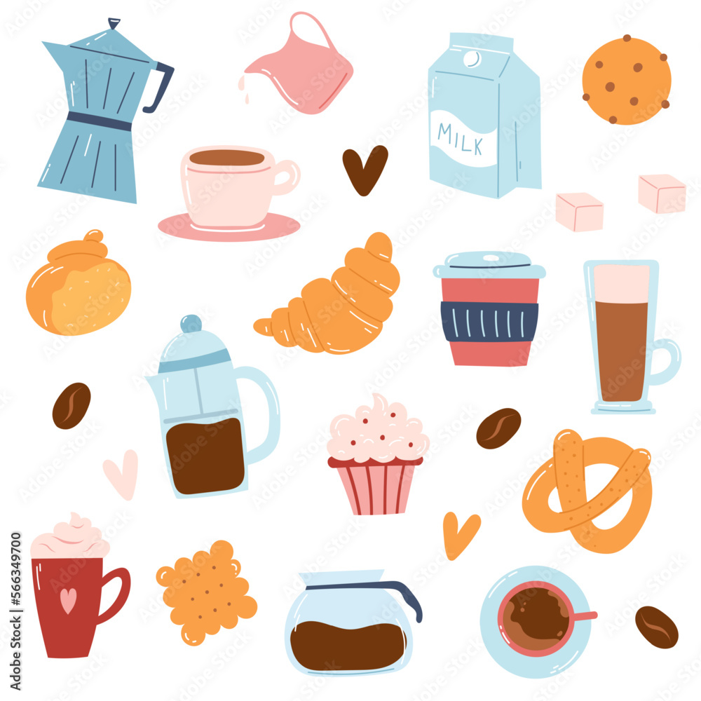 Coffee set. Hand drawn icons of coffee makers, cups, sweets, bakery in cartoon flat style Coffee set. Hand drawn icons of coffee makers, cups, sweets, bakery in cartoon flat style