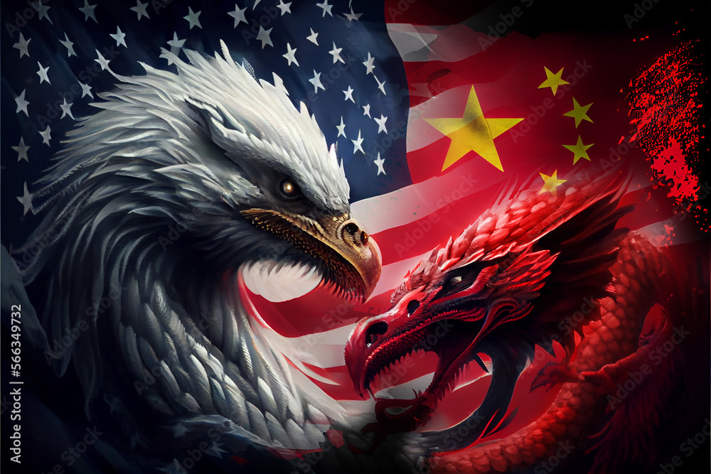 American Eagle VS Chinese Dragon Art illustration. War Conflict Cause of Taiwan. Freedom. Economic trade between USA and China. concept.  Generative Ai. - obrazy, fototapety, plakaty 