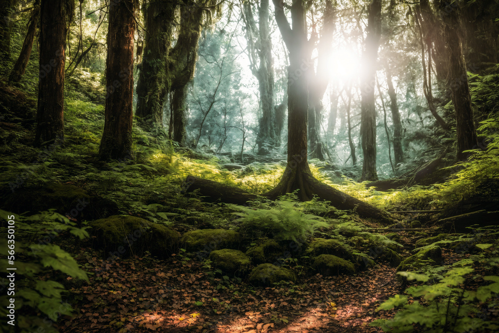 Obraz premium Beautiful Morning in the woods. Nature scene illustration created with generative AI.