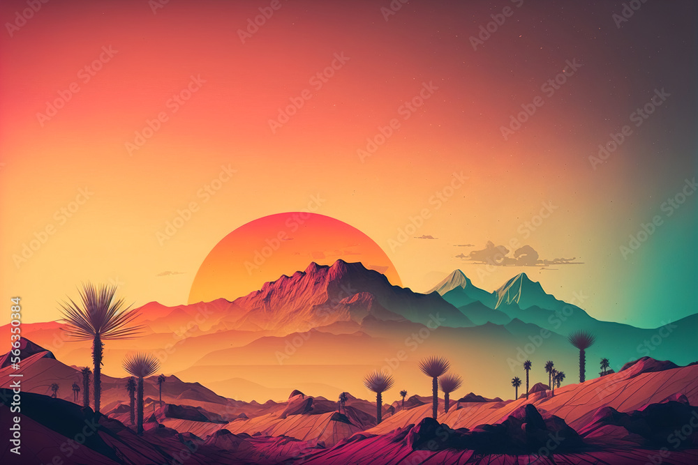 Wallpaper with a beautiful landscape in the style of the 80s synthwave. View of the rising sun over the desert. Generative ai