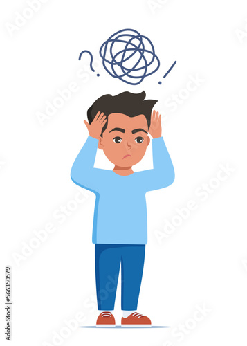 Sad boy standing on floor surrounded by by stream of anxious thoughts. Autism, child stress, mental disorder, anxiety, depression, stress, headache. Child plugged ears with hands. Vector illustration.