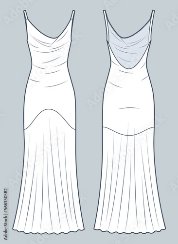 Halter Dress technical fashion illustration. Strap maxi Dress fashion flat technical drawing template, side zip-up, front and back view, white color, women CAD mockup.