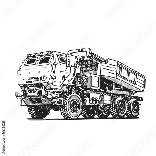 Multiple launch rocket system. Military vehicle. Hand drawing.