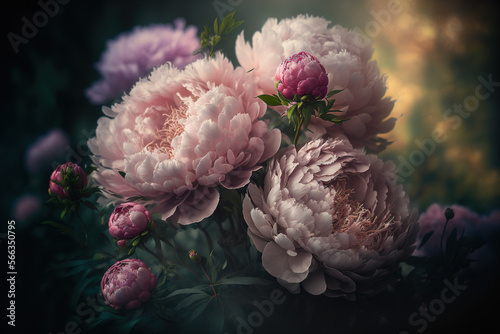 Fototapeta Naklejka Na Ścianę i Meble -  Pink and white peonies bouquet. Beautiful floral art wallpaper. AI