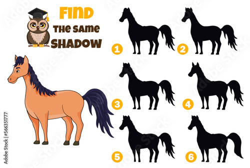 Find the identical shadows of the horse in the drawings. For kids. Vector stock illustration. isolated. Education and development of observation and intelligence. Puzzle. Animal