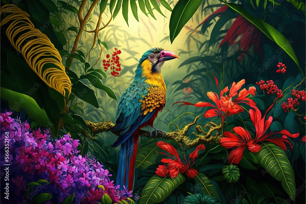 a painting of a colorful bird sitting on a branch in a tropical forest ...