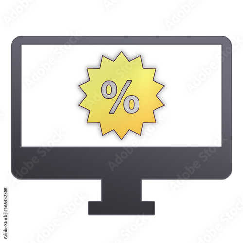 illustrazione con computer da tavolo e simbolo saldi e sconti su sfondo trasparente photo