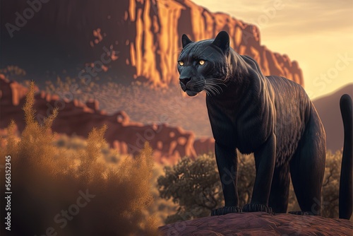  a painting of a black panther standing on top of a rock in front of a mountainous area with trees and bushes and a mountain in the background. generative ai
