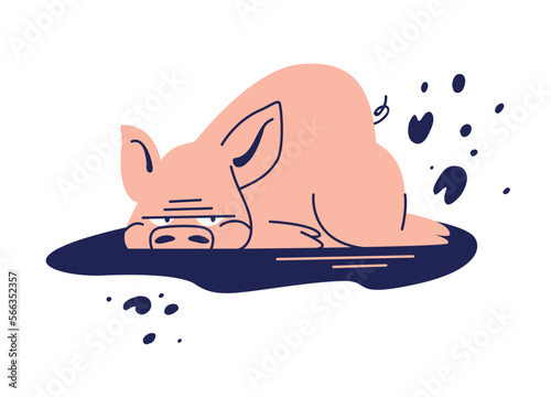 An angry tired character to illustrate a system error or impotence, a failure in business. Pig Day. A disgruntled pig lies in the mud. Pet for cooking. Pig against eating meat. Cartoon illustration.