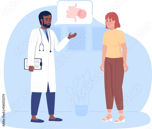 Patient listening to gut checkup results with doctor 2D raster isolated illustration. Hospital flat characters on cartoon background. Medical tests colourful scene for mobile, website, presentation