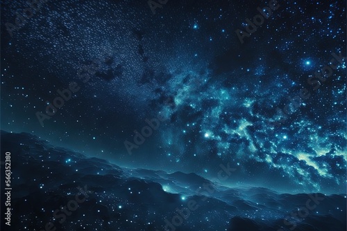  a view of a night sky with stars and a bright blue light shining down on the ground and the sky is filled with clouds and stars. generative ai