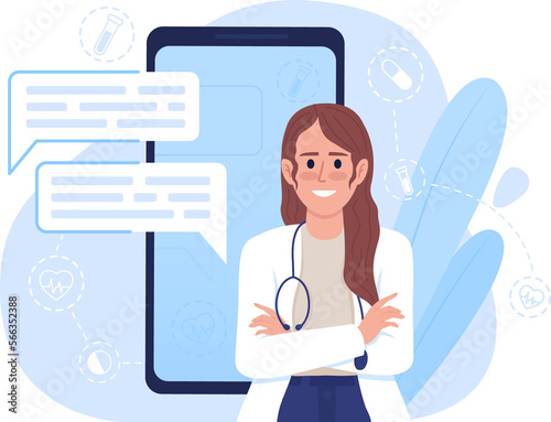 Visiting doctor online with mobile app 2D raster isolated illustration. Positive therapist flat character on cartoon background. Telehealth service colourful scene for mobile, website, presentation