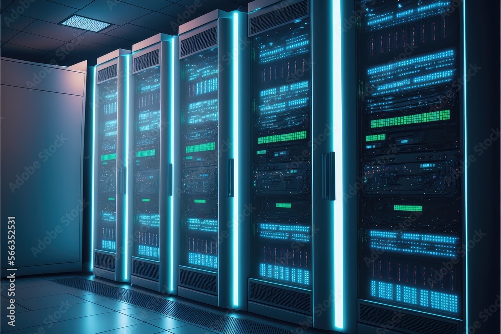 Cloud data center with rows of virtual and physical data privacy and analysis solutions. Generative AI Cloud data center with rows of virtual and physical data privacy and analysis solutions. Generative AI