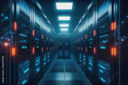 Data center server racks close up. Generative AI