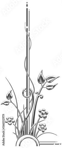 Art Deco silver symbol with flowers and leaves. Art Deco style vector illustration with silhouettes of leaves and flowers creating a border