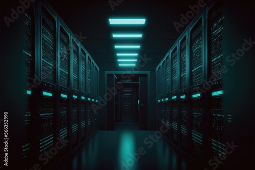 Data center with server racks and backup power solutions. Generative AI