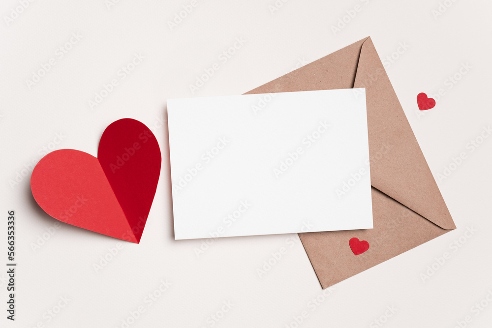 Valentines Day blank card mockup with red heart and envelope Valentines Day blank card mockup with red heart and envelope