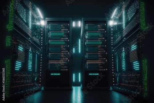 Data center with server racks and environmental control systems. Generative AI