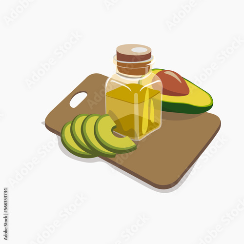 isolated image of avocado and oil in a bottle on cutting board. avocado halves and slices.avocado oil in a glass bottle.color vector illustration in semi-realism style.i