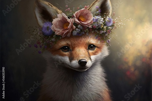  a painting of a fox wearing a flower crown on its head and looking at the camera with a serious look on its face and eyes.  generative ai