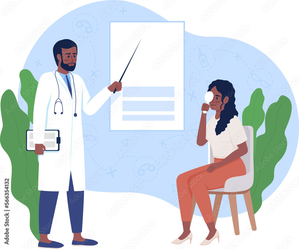Eye examination 2D raster isolated illustration. Ophthalmologist and patient flat characters on cartoon background. Vision exam colourful scene for mobile, website, presentation Eye examination 2D raster isolated illustration. Ophthalmologist and patient flat characters on cartoon background. Vision exam colourful scene for mobile, website, presentation