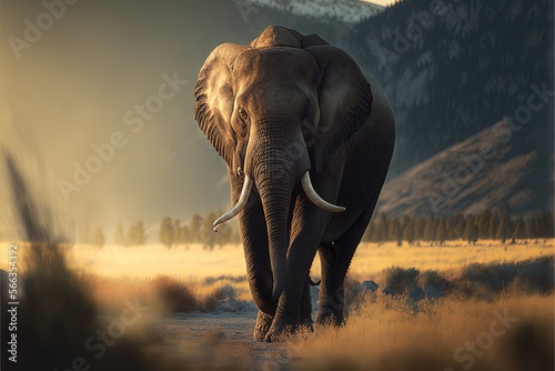  an elephant walking in a field with mountains in the background at sunset or dawn with a sunbeam in the foreground and a few clouds in the sky. generative ai