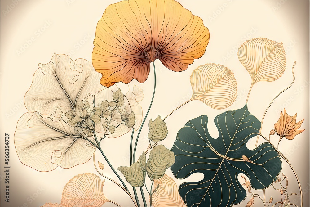  a painting of flowers and leaves on a white background with a brown background and a light brown background with a white background and a light brown background.  generative ai