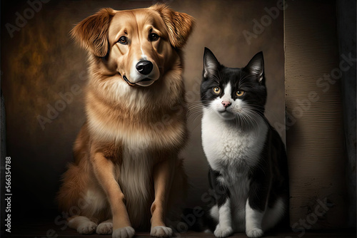 Big dog and black and white cat pair of inseparable friends