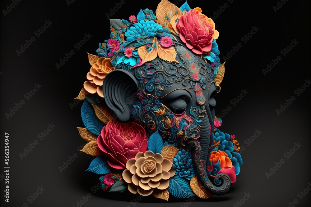  an elephant with flowers on its head is sitting in a dark room with a black background and a black background with a black background with a black background.  generative ai