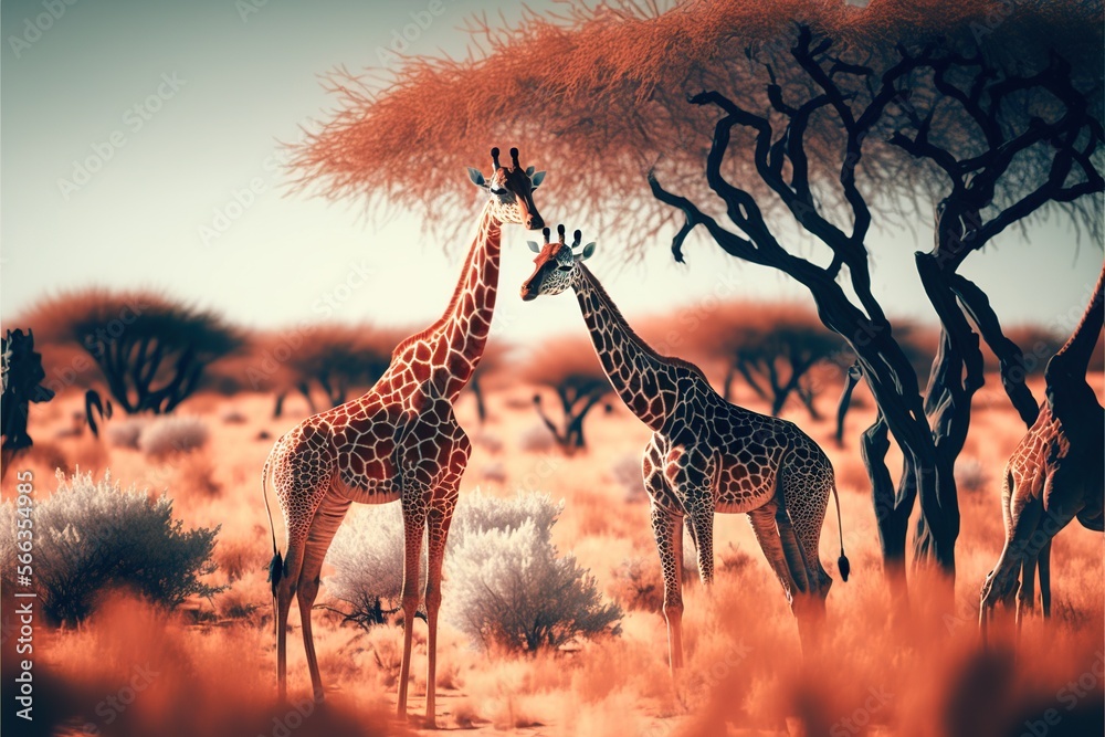 a couple of giraffe standing next to each other in a field of grass and trees with a sky in the background and one giraffe is looking at the other giraffe.  generative ai