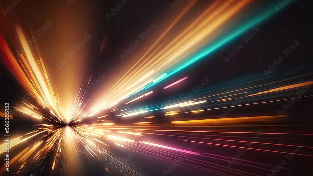 Abstract neon lights into digital technology tunnel. Futuristic technology abstract background with lines for network, big data, data center, server, internet, speed. Generative Ai - obrazy, fototapety, plakaty 