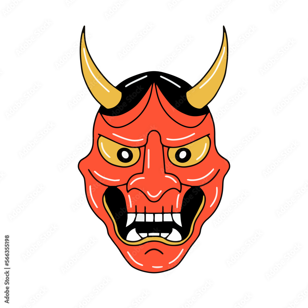 Traditional japanese culture mask hannya devil kabuki theater demon angry emotion head flat vector illustration isolated on white background