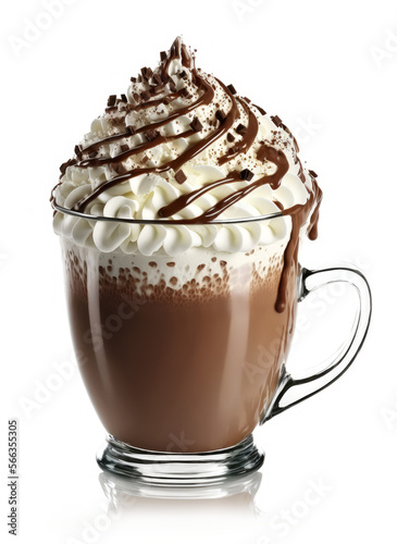 Hot chocolate with whipped cream in mug isolated on white
