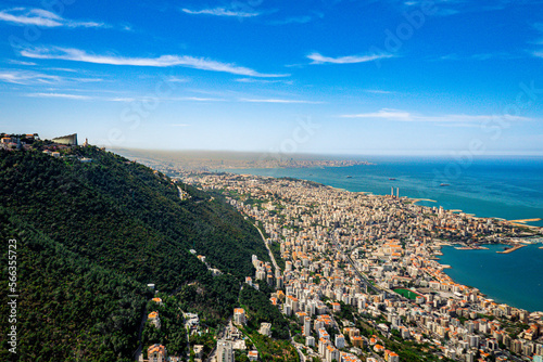 aerial view of the coast of the sea, paragliding over jounieh bay in Lebanon, view of Beirut