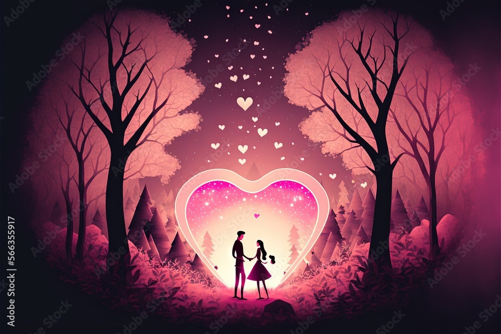  a man and a woman standing in a forest with a heart shaped light in the middle of the forest, with trees and hearts in the background.  generative ai