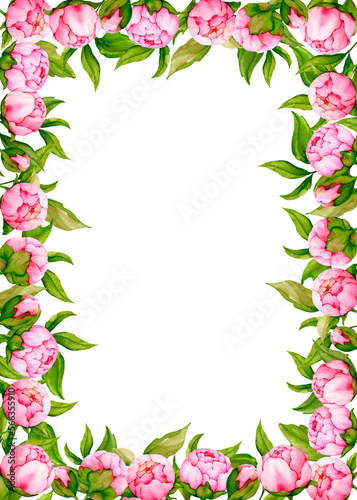 Rectangular frame of pink peonies. Watercolor banner for the design of greeting cards, invitations, congratulations, posters, announcements. Wedding, Valentine's Day, birthday, anniversary design.  © Alyona Pugachova
