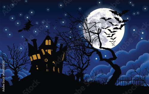 Haunted halloween house with bats and witch