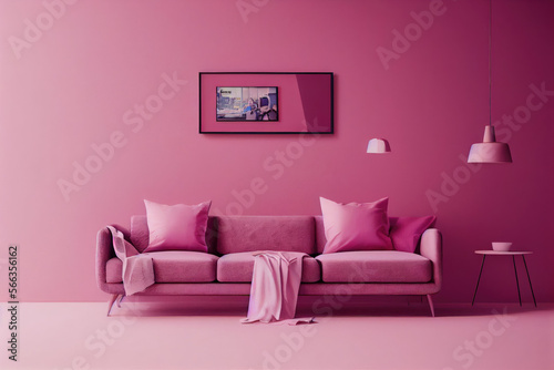 Chic Pink Luxury Modern Living Room Interior with Photo Frame Mockup Made with Generative AI