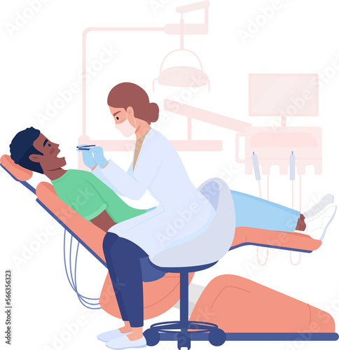 Patient with teeth pain and dentist semi flat color raster characters. Posing figures. Full body people on white. Medicine simple cartoon style illustration for web graphic design and animation