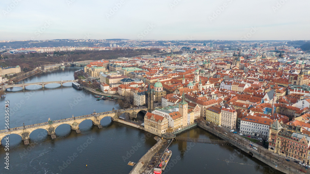 Aerial view of River and buildings in Old Town of Prague, Czech Republic. Drone photo high angle view of City