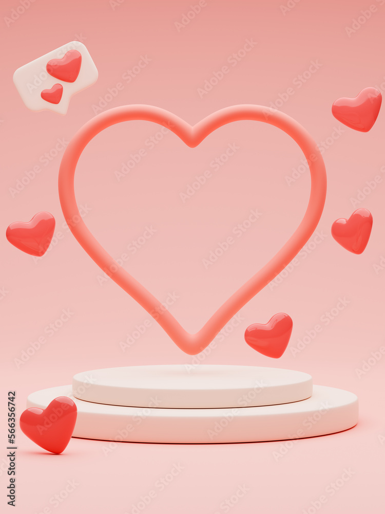 Heart and podium for product presentation surrounded by smaller hearts on pink background. Scene with empty space. Valentine's day, Women's, Mother's day, wedding background. 3d render illustration.