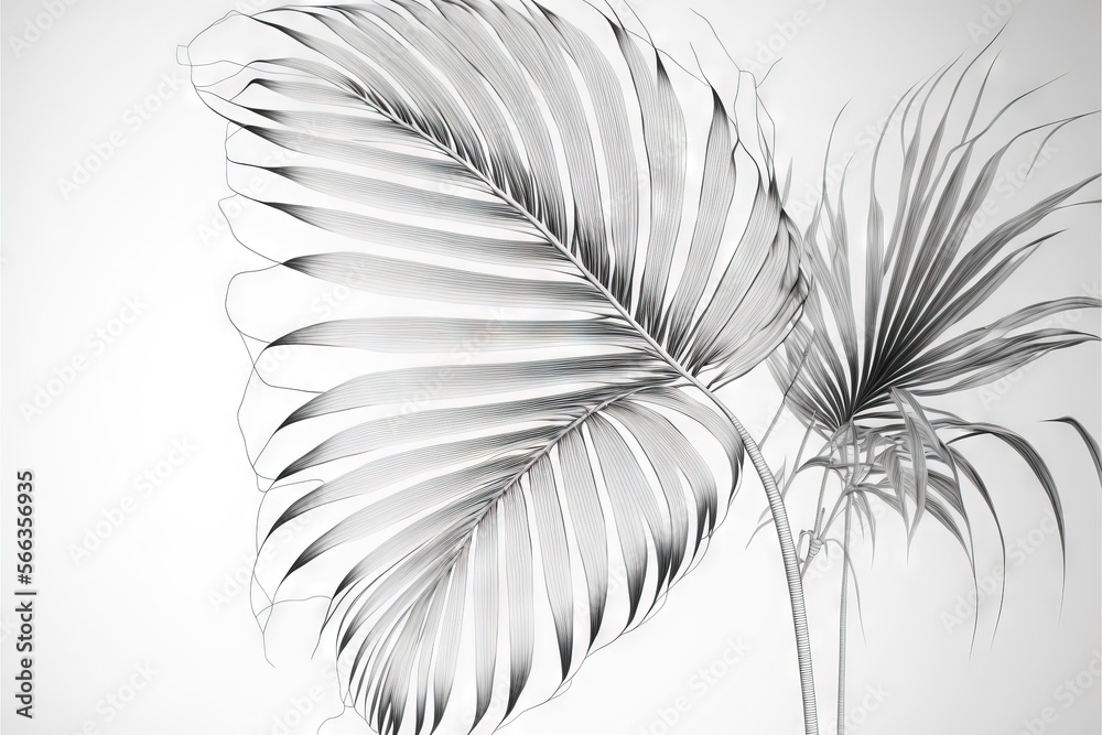 a black and white photo of two palm leaves on a white background with a ...