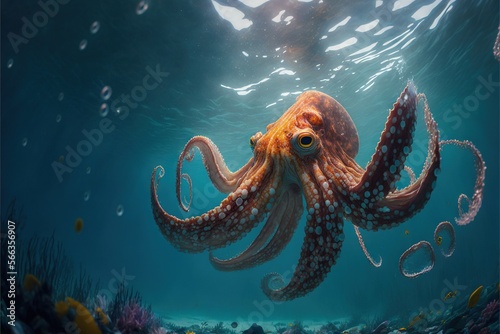  an octopus swimming in the ocean with a person in the background looking at it's camera lens and holding it's head in the water. generative ai