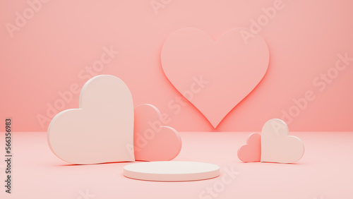 Minimal style scene with hearts and podium for product presentation. Love concept for happy Valentine's day, wedding, Women's or Mother's day. 3d render illustration. Pink background. Empty space. 