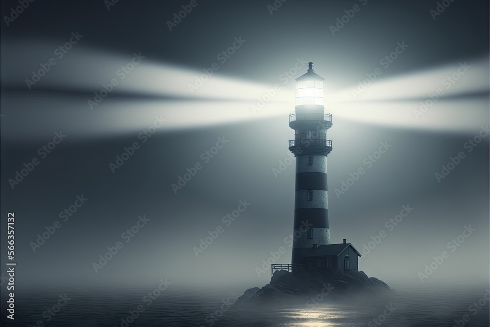  a light house in the middle of a body of water at night with fog and light beams shining on the top of the light house.  generative ai