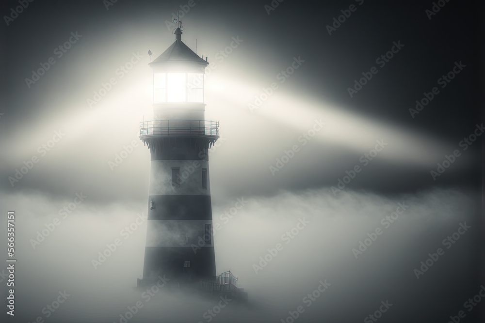  a lighthouse in the fog with a light shining on it's side and a beam of light coming out of the top of it.  generative ai