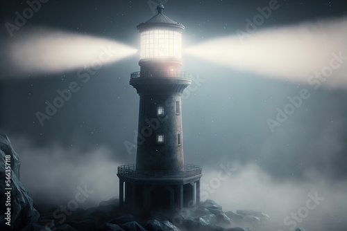  a lighthouse with a light on top of it surrounded by fog and fog in a dark sky with a light shining on top of it. generative ai
