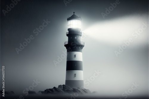  a black and white photo of a light house on a foggy day with a light shining on the top of the light house and the lighthouse. generative ai