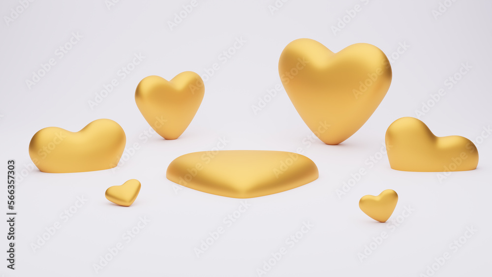 Minimal style scene with gold hearts and heart shaped podium for product presentation on white. Love concept for happy Valentine's day, wedding, Women's or Mother's day. 3d render illustration. Minimal style scene with gold hearts and heart shaped podium for product presentation on white. Love concept for happy Valentine's day, wedding, Women's or Mother's day. 3d render illustration.